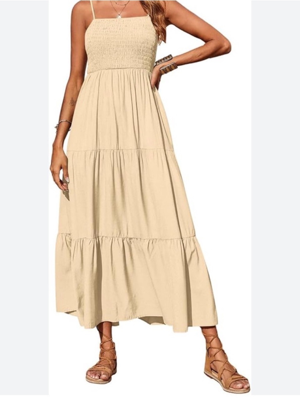 moodie Beige Smocked Tiered Maxi Dress